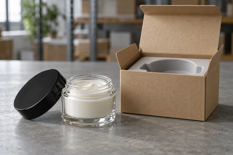 Pot en verre, couvercle plastique, étui carton et calage séparés