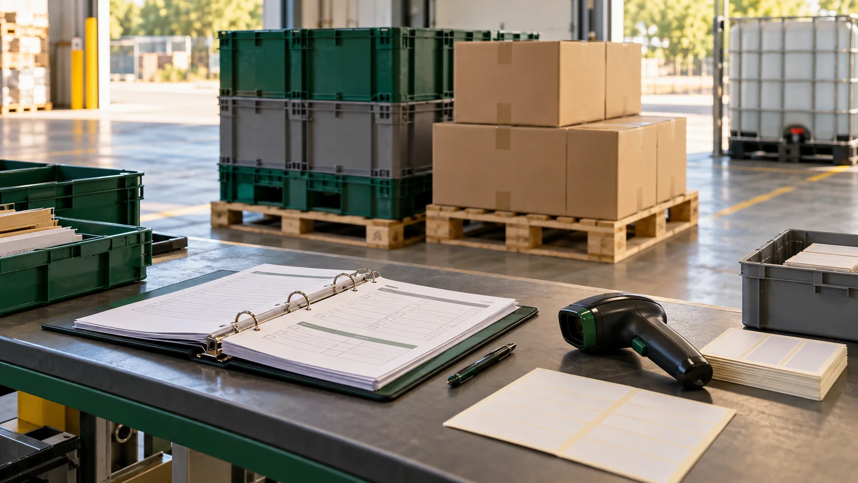 Dossier documentaire et lecteur de codes dans une zone logistique