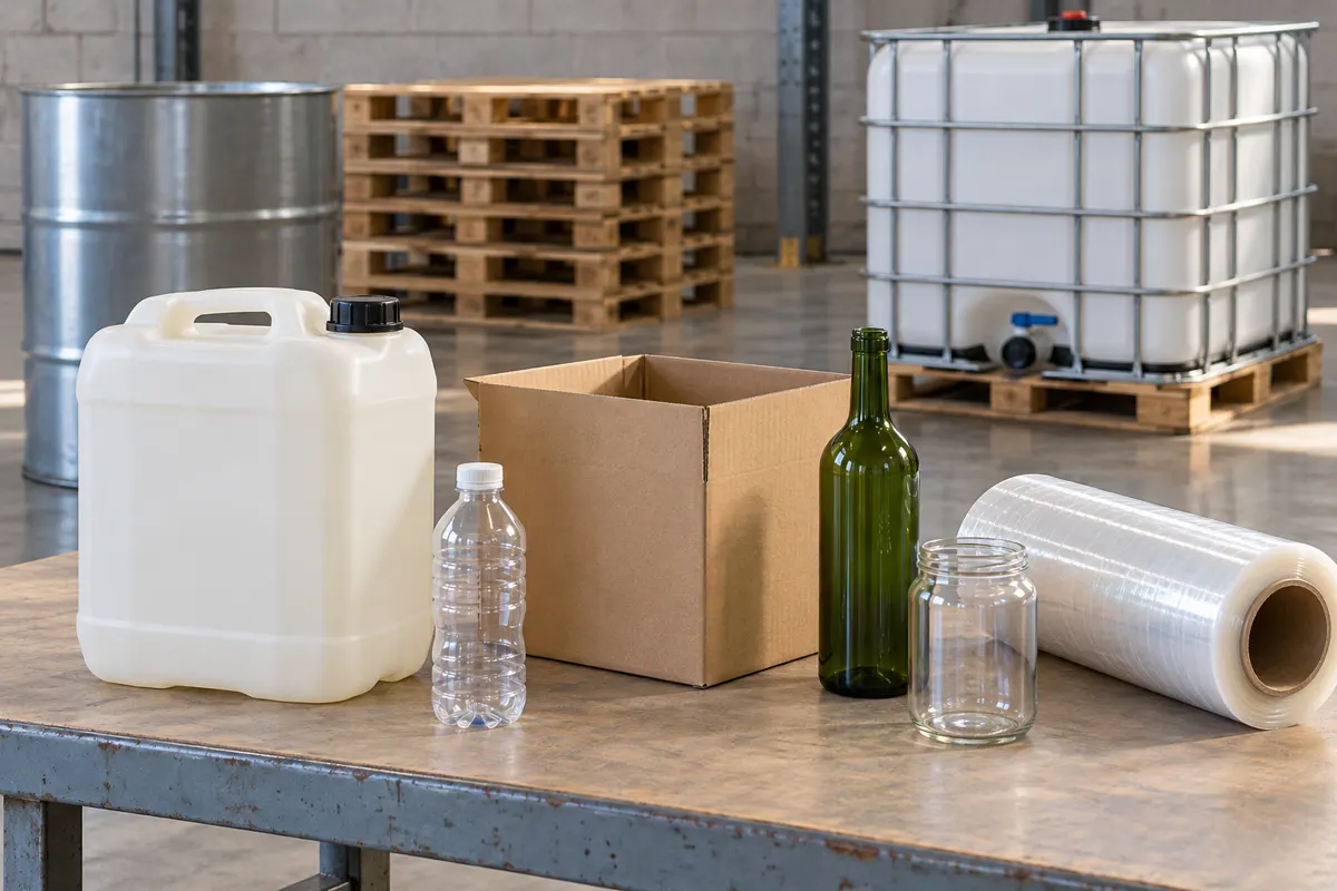 Emballages de différentes matières : jerrican, bouteille, carton, verre, film et IBC