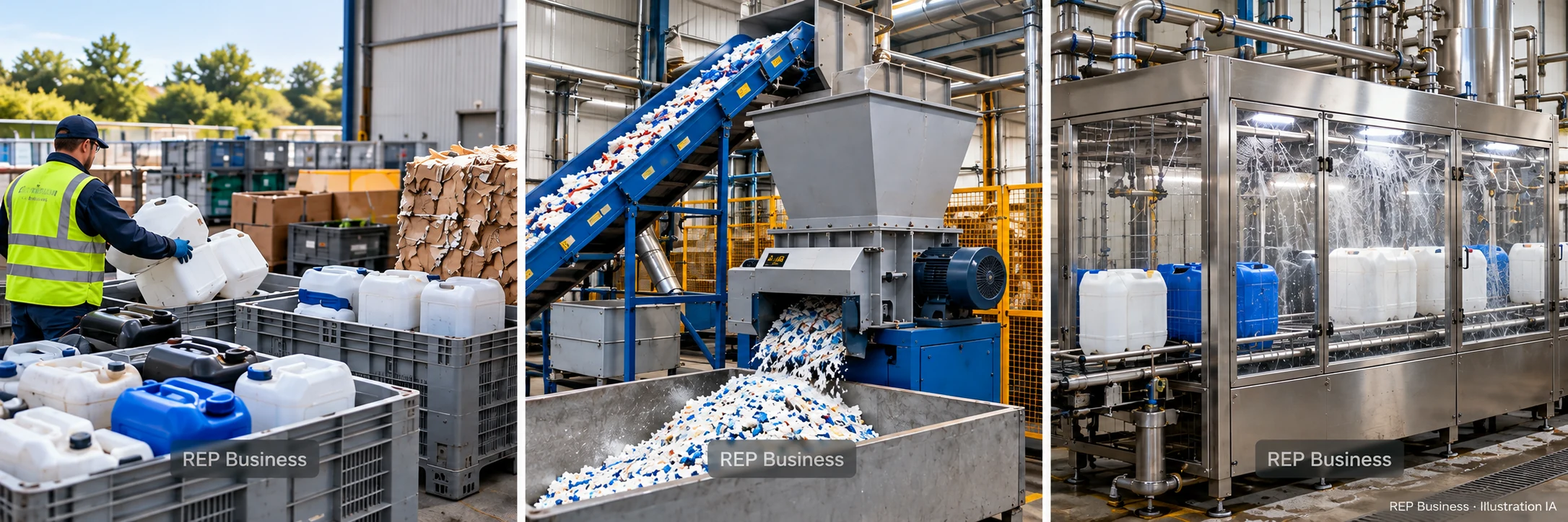 Illustration générée : collecte des emballages, broyage des plastiques et lavage industriel. Marquage REP Business.