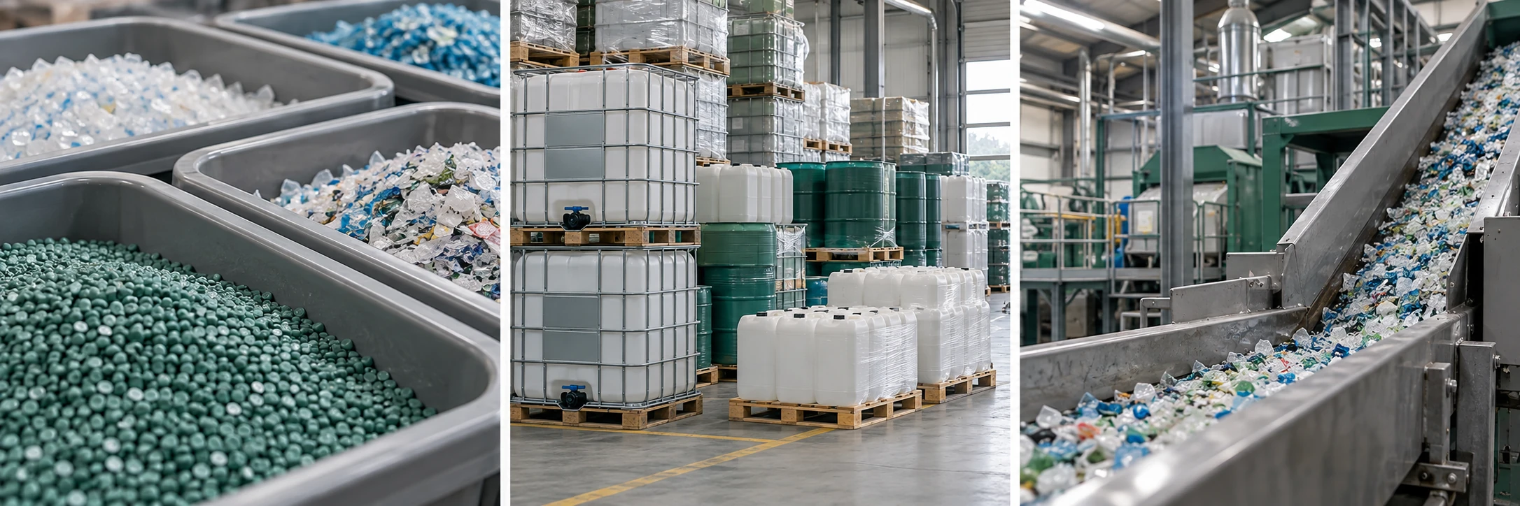 Matières plastiques recyclées, emballages industriels palettisés et ligne de recyclage